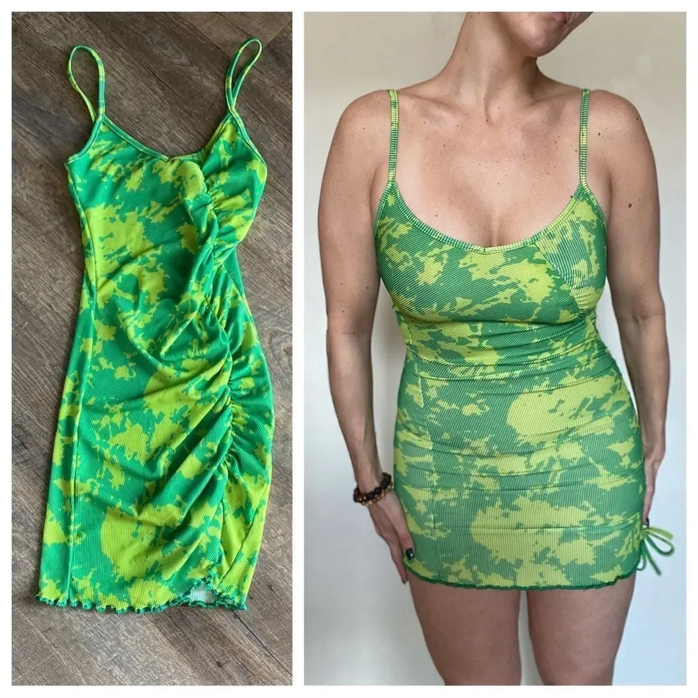 PrettyLittleThing Bodycon Dress Green Tie Dye NEW US 2 Club - Picture 3 of 12